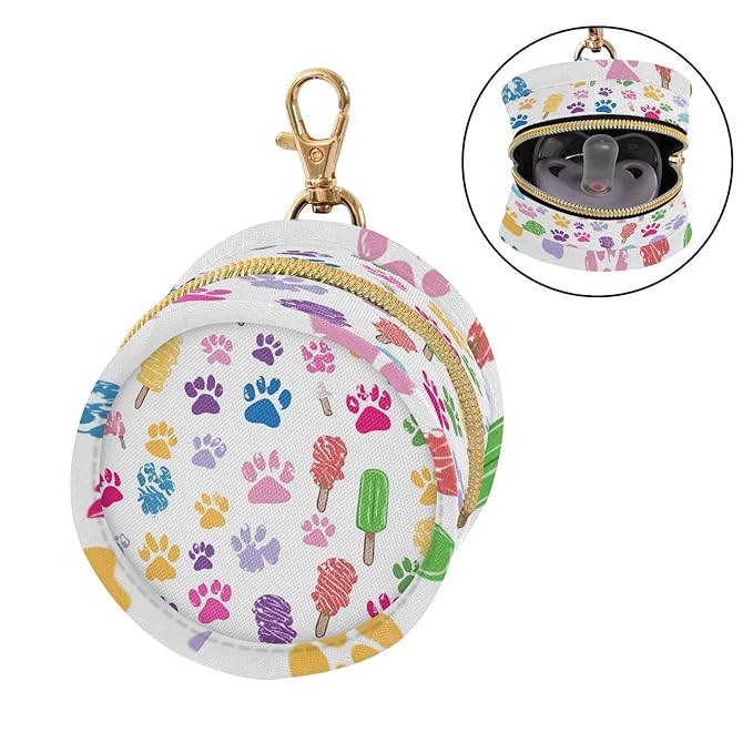 Pacifier Holder with Clip Pacifier Case for Diaper Bag Round Baby Pacifier Pouch Box Bag Portable Cute Paw Print Ice Cream Lollipop