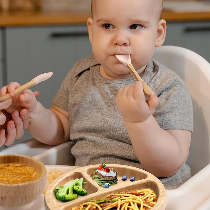 Baby Bamboo Suction Plate, Bowl and Spoon Set, Wooden Feeding Set for Toddler 1-3 Year Old, Silicone Suction Sticks to Most High Chairs for Non Slip & Silicone Spoon Tips with Wood Handle
