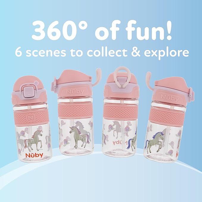 Nuby Thirsty Kids Flip-It Bolt Toddler Cup with Push-Button Locking Flip-Top and Silicone Spout - 12 oz - Easy-Grip and Spill-Resistant - 18+ Months - Unicorn
