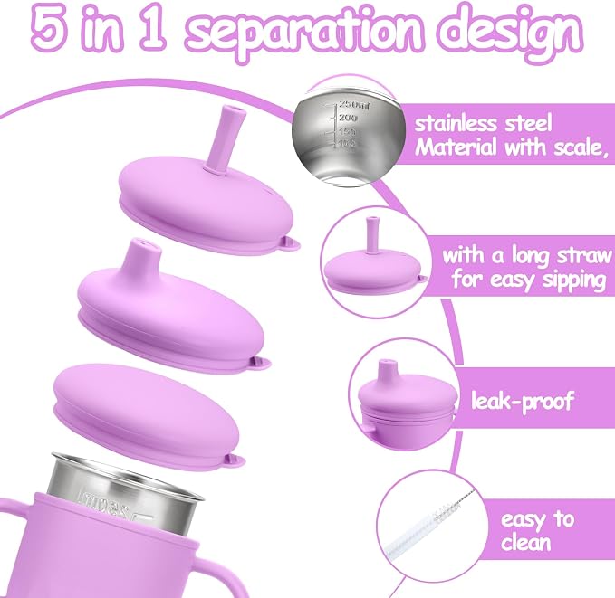 Mity rain 3-In-1 Stainless Steel Sippy Cup for 6+ Month Old, Baby Straw Cups for Toddlers 1-3 with Travel Lid, Silicone Straw, Replacement Straw & Cleaning Brush - 8oz Toddler Cups Spill Proof Set