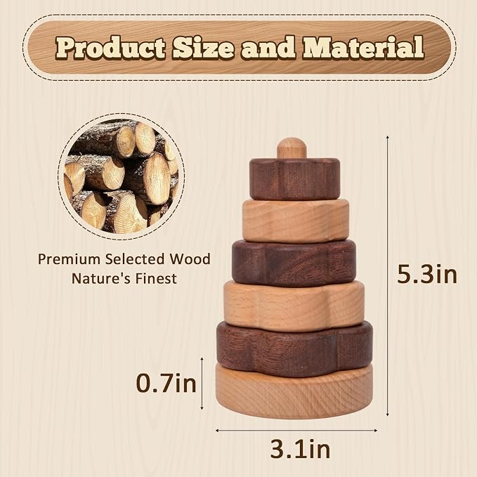 Adena Montessori Ring Log Wood Stacking Toys, Montessori Geometric Stacking Wooden Educational Toy for Babies, 12+ Months Baby Shape Sorter and Stacking Toys, Stacking Tower Toy for Babies (Flower)