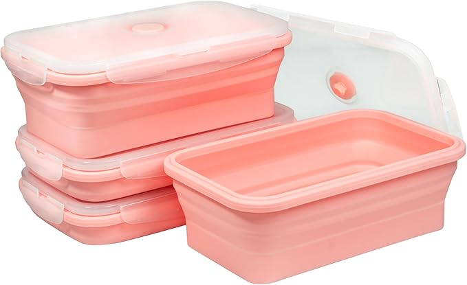 Plus 4PCS Foldable Silicone Food Storage Containers for Kitchen Storage for Leftovers Fruits and Meal Prep Dishwasher Safe Microwave Safe Ideal for Home and Travel (Pink, 40OZ)