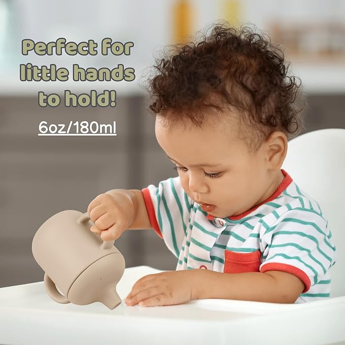 Silicone Sippy Cups for 6-12 Months Toddlers - Pack of 2 Food Grade Silicone Training Cups with Straws and Lids Grip Handle for Baby Led Weaning, 6 oz (Sage/Sand)