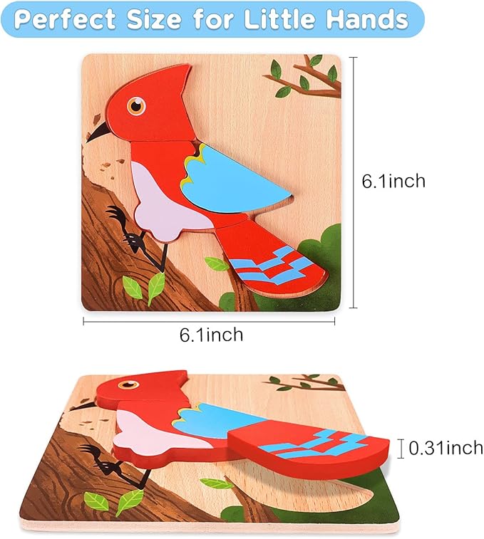 Magifire Wooden Puzzles, Set of 6 Puzzle Toys for Kids Toddlers 1–3, Baby Educational Animal Toys with Chunky Pieces & Bag - Butterfly, Bee, Woodpecker, Bear, Car, Turtle