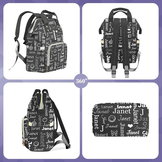Custom Diaper Bag with Name Personalized Multifunctional Mommy Backpack for Daughter Granddaughter, Black Daypack Bag for Travel