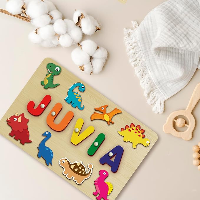 Custom Name Puzzles for Toddlers 1-3 - Name Puzzle for Kids, Personalized Wooden Animal Puzzle, Baby Gifts, Baby Shower, Christmas, Newbaby Gift, Gifts for 1 2 3 Years Old (Dinosaur-01)