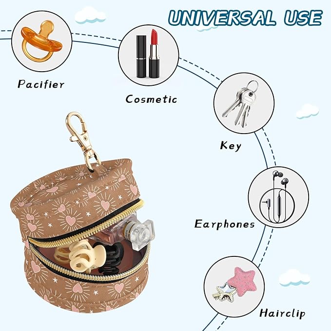 Brown Hearts Pacifier Holder Case Newborn Pacifier Storage Pouch for Boys Girls Easy Attach to Diaper Bag Portable Baby Essentials Container