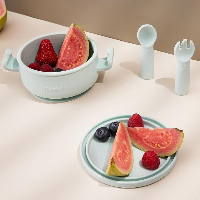 Dommy Silicone Strong Suction Baby Bowl with Spoon & Fork, Silicone Tableware for 6M+ Babies, Suction Bowl with Lid, Ideal Baby Gift Set for Solid Food Adding,Chalk Blue
