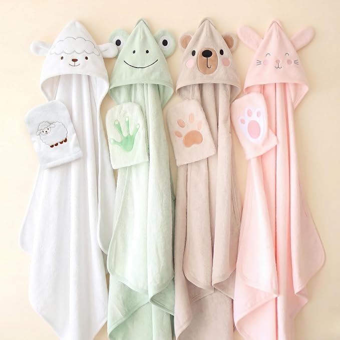 CuddleBug Hooded Baby Bath Towel & Washcloth Set (Bear) - 100% Cotton Terrycloth Hooded Baby Towels for Newborn & Toddler - Super-Soft & Absorbent, Newborn Essentials (33" x 33") - Honey Beige