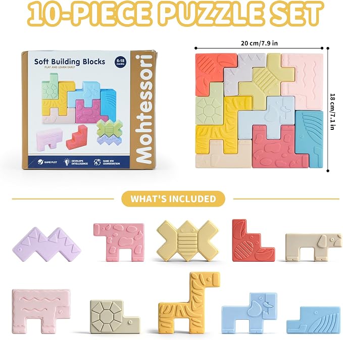 Baby Blocks – Montessori Baby Toys for 6-12 Months 10 Soft & Soft Teething Toy, Shapes, Colors, Animals - One Two Squeeze, Easter Basket Stuffers Toys for 1 2 Year Old Birthday Gifts
