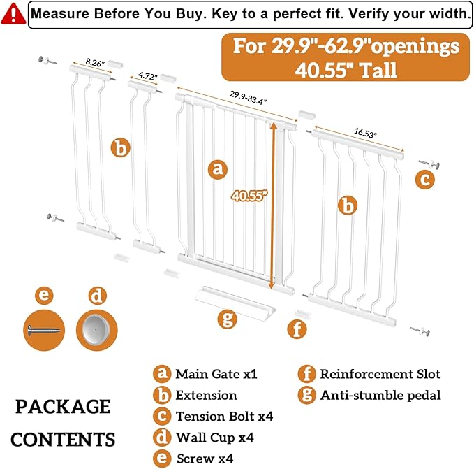 Extra Tall 40.55" Gate, 46.45"-62.99" Extra Tall and Wide Dog Gate,Extra Wide Baby Gates Pressure Mounted Walk Through for Doorways,Stairs, Kitchen White