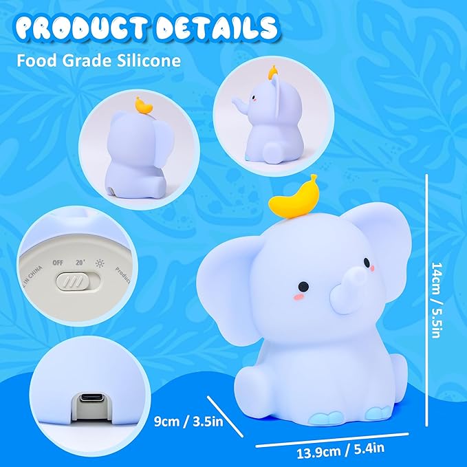Ammonite Blue Elephant Night Light, Soft Silicone Elephant Nursery Lamp with 2 Dimming Levels and 20-Minute Timer, Touch Control Nightlight for Bedroom Decor, Christmas Birthday Gift