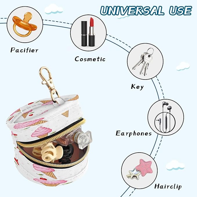Pink Ice Cream Pacifier Holder Case with Clip Portable Small Travel Pacifier Pouch for Mom Bag Zipper Coin Purse Pendant