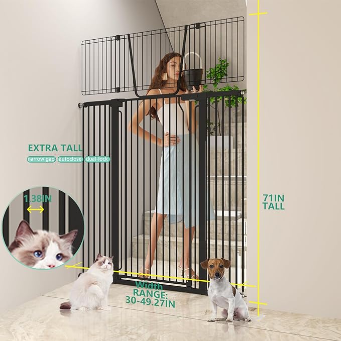 Jiprlak51 Extra Tall Cat Gate for Doorway ??30"-49.27" Extra Wide Pet Gate with Adjustable Cat Door Wide,Auto Close, Pressure Mounted, Pet Gate for Cats & Small Dogs, Hallway, Stairs, Kitchen