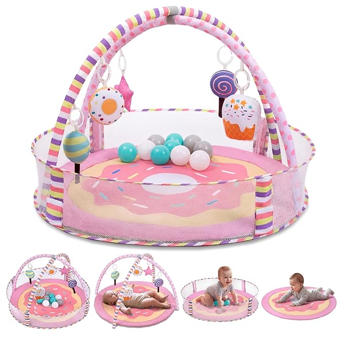 4-in-1 Baby Play Mat & Baby Play Gym,Baby Girl Play Mat Activity Gym, Pink Donut Tummy Time Mat for Babies and Toddlers, Infant Activity Center for Newborn to Develop Motor Cognition