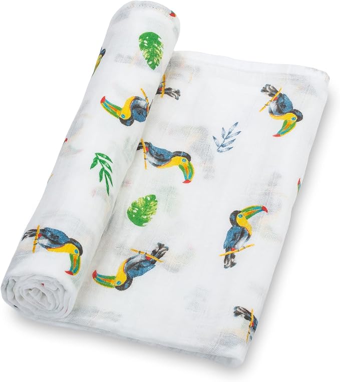 LollyBanks Muslin Swaddle Blankets, Large 47 x 47 Inches Baby Blanket for Boys and Girls, 100% Cotton Newborn Blanket, Breathable and Lightweight Baby Receiving Blankets, Registry (Tropical 2 Pack)