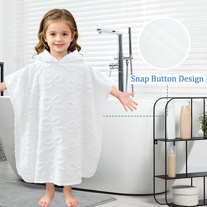 Toddler Beach Towels with Hood, Oversized (2-4Years,21"X21") Made from 100% Soft Cotton,Absorbent Hooded Poncho Towel for Baby Girl,Perfect for Pool | Swimming | Bath | Beach,Jacquard White Bow