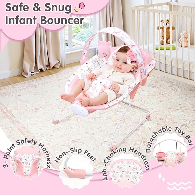 Baby Bouncer, Baby Bouncer Seat with Music and Vibration, Portable Infant Rocker for Indoor Outdoor Use, for Babies 0-6 Months, Up to 20 lbs