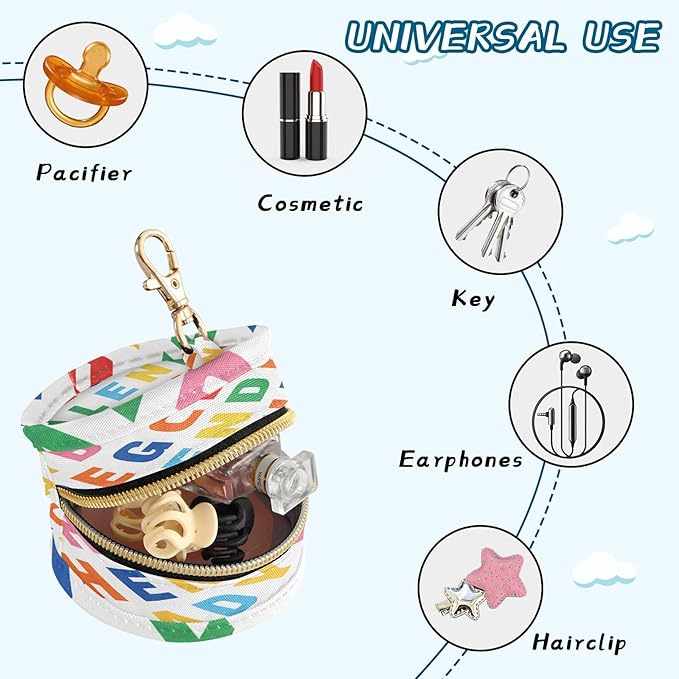 Pacifier Holder with Clip Pacifier Case for Diaper Bag Round Baby Pacifier Pouch Box Bag Portable Cute English Alphabet