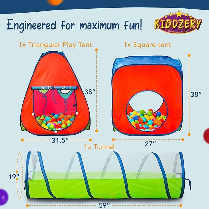 Kids Play Tent with 50 Balls ??3-Piece Tunnel & Ball Pit Combo ??Indoor/Outdoor Pop-Up Set with Mesh Panels & Carry Bag