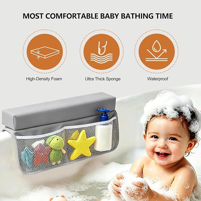 Baby Waterproof Vegan Leather Bath Kneeler and Elbow Rest Pad Set | Thickened Non-Slip Memory Foam Knee & Arm Support Bathtub Mat with Toy Organizer for Infant Toddler Bathing