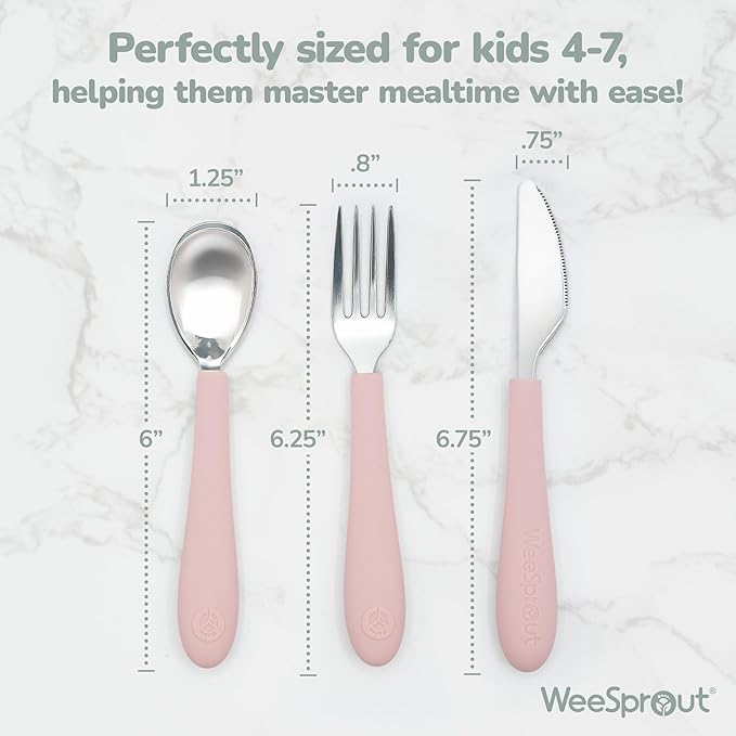 Kids Stainless Steel Utensils Set - Premium 18/8 Grade Silverware Kit - 2 Spoons, 2 Forks, and 2 Knives for Ages 4-7 - Silicone Easy-Grip Handles - Children Flatware Cutlery (Matte - Pink, Off White)