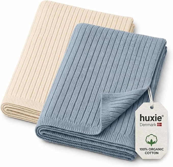 100% Organic Cotton Knit Receiving Baby Boy Blanket for Newborns - Soft, Breathable Swaddle Blanket for Crib & Stroller - Nursery Gift 2-Pack (Ribbed Ivory & Baby Blue)