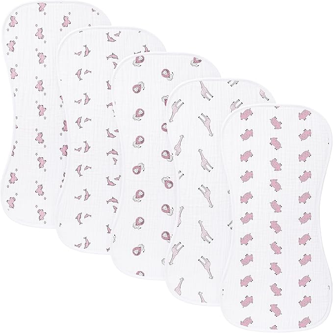 sleepyturtle 5 Pack Baby Burp Cloths, Unisex Newborn Burping Cloths, Soft and Absorbent Muslin Cotton, Large Size for Newborn, (Pink-cjl)