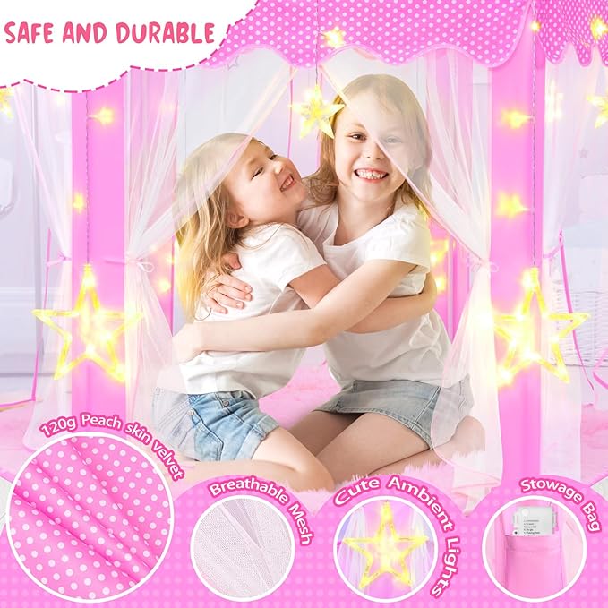 Pink Princess Tent for Girls, Kids Play Tent with LED Large Star Lights, Castle Playhouse Tent for Children Toddlers Indoor Outdoor Games, 55×53 Inches