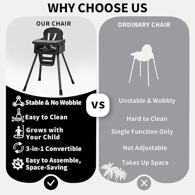 Portable High Chairs for Babies and Toddlers, Convertible Baby Feeding Chair with Tray, Easy Clean High Chair for Toddler with Foot Rest, Infant Highchairs & Booster Seats with Cushion Black