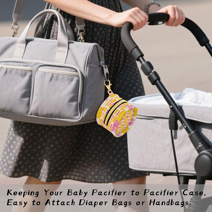 Pacifier Holder with Clip Pacifier Case for Diaper Bag Round Baby Pacifier Pouch Box Bag Portable Yellow White Checkerboard Butterfly Bow01