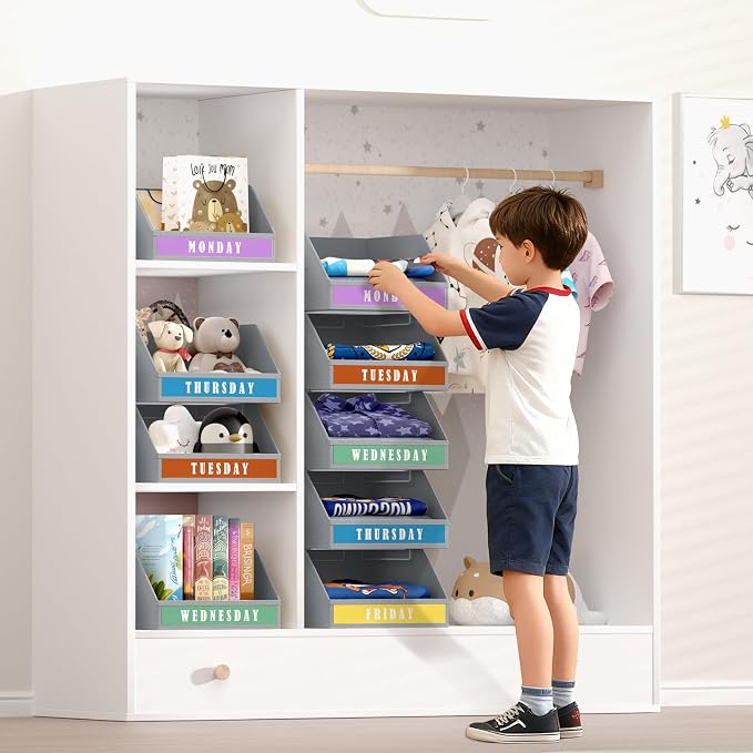 DIMJ Closet Organizers Storage Bins - Clothes Organizer Kids with Weekly Labels & Frame, Stackable Basket Organization, Foldable Shelf Storage Container for Wardrobe Bedroom