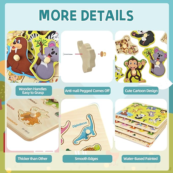 Wooden Peg Puzzle for Toddlers 2-4, 5 Pack Montessori Toys Learning Educational Puzzles for Kids Girls Boys 2 3 4 Yesrs Old with Dinosaurs Farm Animal Number