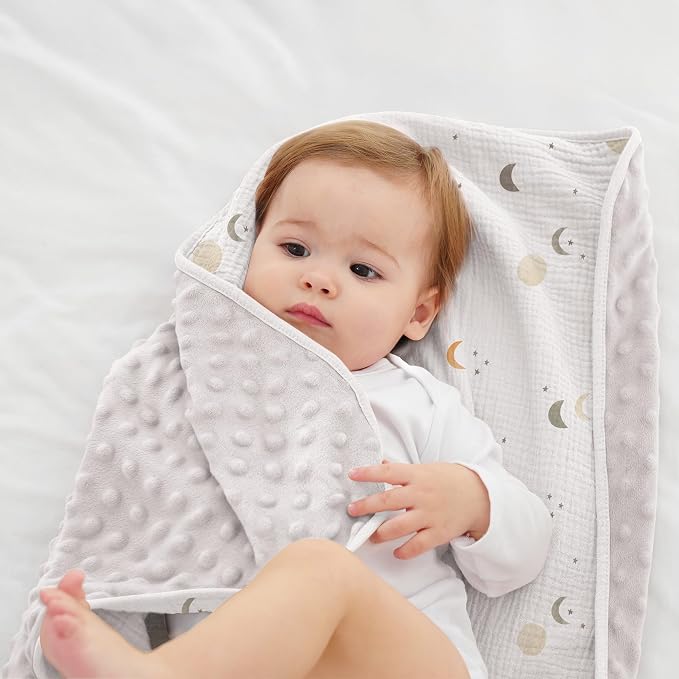 Susurration Baby Blanket for Unisex Boys Girls, Soft Nursery Minky Blanket with Muslin Cotton Front and Dotted Fleece Back, Receiving Blanket for Baby Newborn Infant, 30x40inch