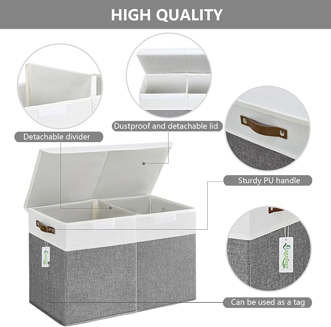 Bagnizer Large Toy Storage Box with Lids, Collapsible Sturdy Baby Storage Organizer Chest Bin Basket for Kids, Boys, Girls, Playroom, Nursery, Bedroom, Closet 25"x13"x16" (Gray and White)