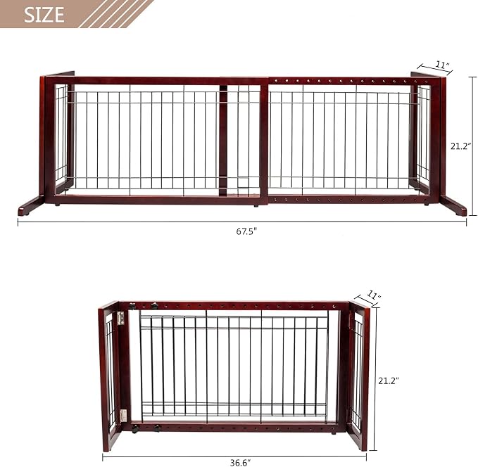 Bonnlo Free Standing Dog Gate, 37" - 68" Wide Pet Gate for Fireplace Stairs Doorways, Wooden Adjustable Pet Fence Indoor, Christmas Tree Gate (Cherry)
