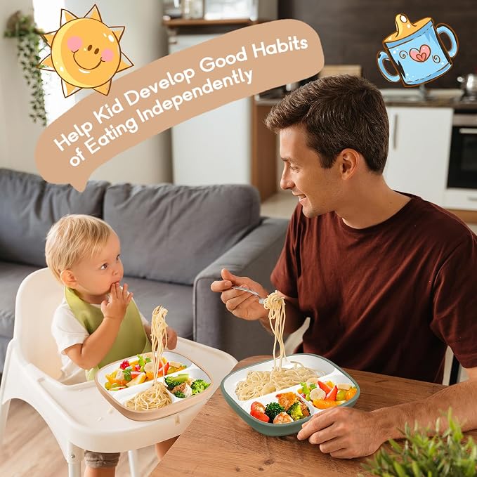 Domensi Kids Porcelain Plates with Silicone Sleeves 8.2 Inch Divided Porcelain Plate Toddler White Suction Dishes for Baby Troubleless Eating Microwave Dishwasher Safe(Vibrant,3 Set)