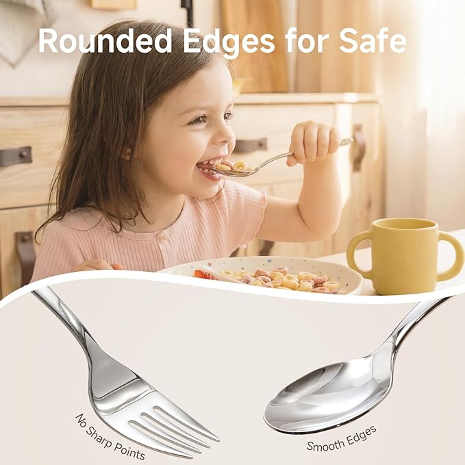 KINGSTONE Kids Silverware Set, 12-Piece Large Forks & Spoons, 18/10 Stainless Steel, Cat & Dog Print, Ergonomic Flatware for Self-Feeding Toddlers, Home & Travel