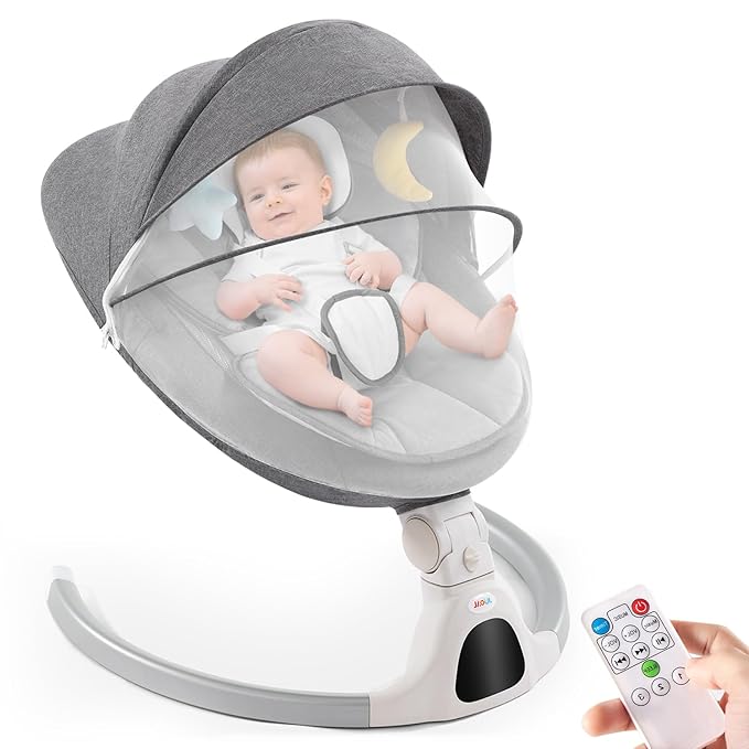 Jaoul Baby Swing for Infants - Electric Portable Newborn Bouncer, Timing Function, 5 Speeds, 3 Seat Positions for Boys and Girls (Gray)