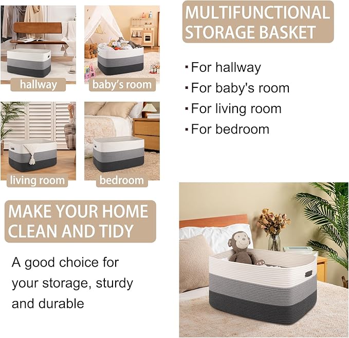 OIAHOMY Large Blanket Basket For Living Room, Rectangle Woven Baskets for Storage, Nursery Toy Storage With Handle-22?�x17?�x12??Gradient Dark Grey