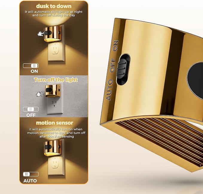 L LOHAS LED Motion Sensor Night Light, Dusk to Dawn & Motion Activated LED Night Light, Night Lights Plug into Wall with Adjustable Brightness, 3000K Soft White, Gold, 2 Pack