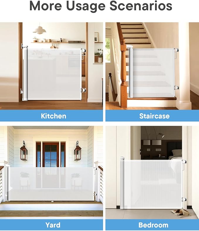 Retractable Baby Gate for Stairs - 55" Wide Mesh Dog Gate Indoor, Two-Step Safety Lock, 34" Tall Child Gate for Doorways, Hallways, Deck, Indoor Outdoor Garage, White