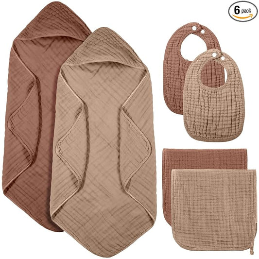 Hahafelt 6 Pcs Muslin Hooded Bath Towels Washcloths and Bibs Set, Muslin Cotton Baby Towels Absorbent Hooded Blanket Towel Infant Bibs for Boys Girls Newborn Infant Essential(Dark Brown, Khaki)