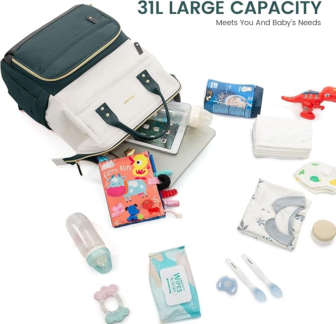 LOVEVOOK Diaper Bag Backpack, Baby Bag with Changing Station, Large Diaper Backpack for Moms Dads, Waterproof Leather Accents Baby Boy and Girl Bag for Travel Baby Essentials, Dark Green-Beige
