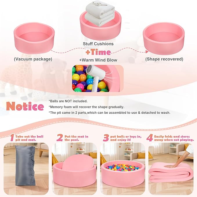 Foam Baby Ball Pit 35.4"x 11.8" for Toddlers, Soft Round Kiddie Playpen Ball Pool for Kids with Soft Memory Sponge for Babies Indoor Game(Balls not Included) Light Pink 35.4IN