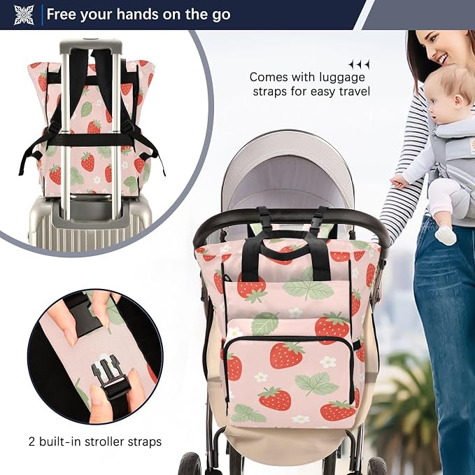 Custom Name Strawberry Flower Big Leaves Diaper Bag Stroller Straps Gift Mom Dad