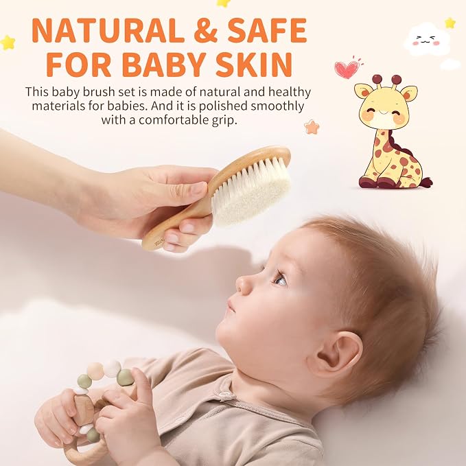 4 Pack Wooden Baby Hair Brush Set, Natural Baby Brush and Comb Set with Soft Baby Cradle Cap Brush for Newborns & Toddlers, Perfect Baby Registry Gift