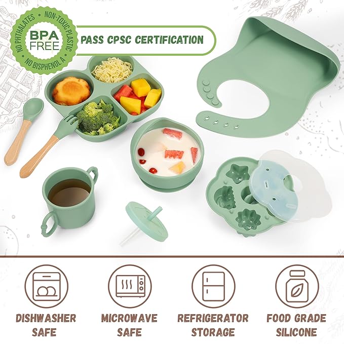 Silicone Baby Feeding Set, Baby Led Weaning Supplies, Baby Food Tableware Silicone Suction Plate, Bowl, Spoons, Fork, Waterproof Bib, Cup & Complementary Food Cake Mold, Baby Eating Utensils