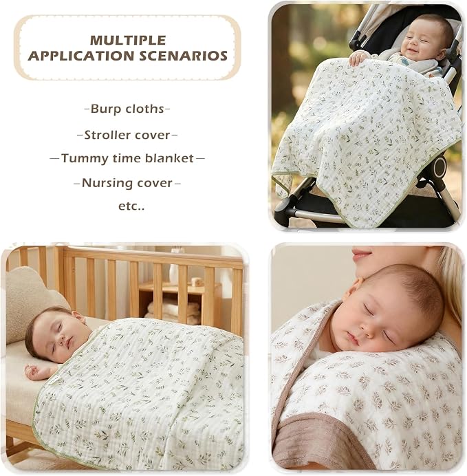 Ultra Soft Muslin Baby Blanket Pack of 2 Cotton Swaddles Bed Blankets for Babies and Toddlers Boys Newborn 43 x 43 inches (Green and Coffee)