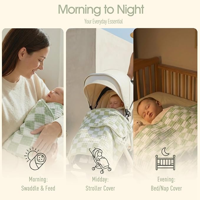 6-Layer Muslin Baby Blanket Made with Organic Cotton - Classic Neutral Checkered, Swaddle & Crib Quilt, 43”x43”, Warm Sage Green Checkered